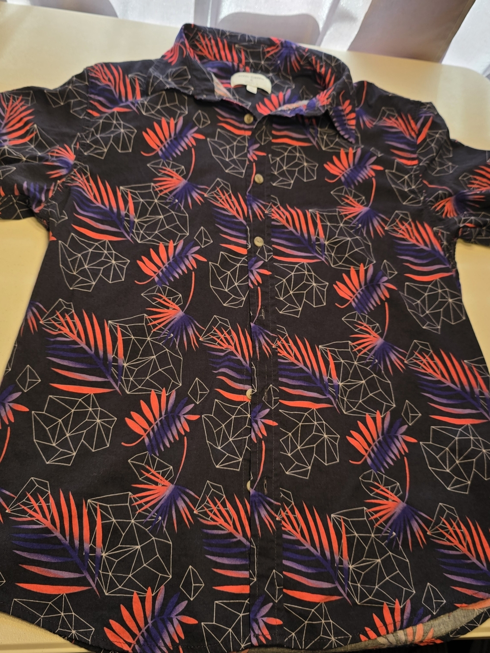 Ocean Current Navy Short-Sleeve Button-Down with Red & Purple Tropical Print